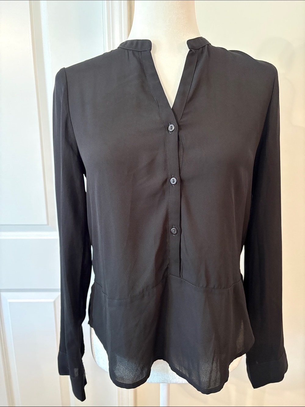 Frenchi Sheer Black Split Neck Band Collar Long Sleeve Blouse Women’s Size S
